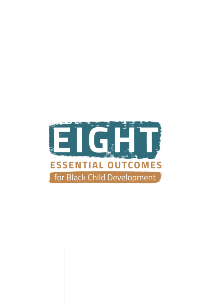 Eight Essential Outcomes for Black Child Development logo with textured teal and bronze lettering.